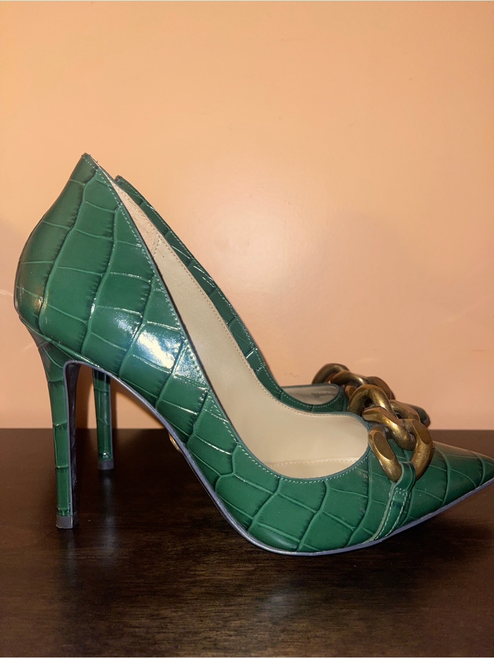 Michael Kors Green Croc-Embossed Pointed Toe Pumps with Gold Chain Accent - Picture 3 of 5